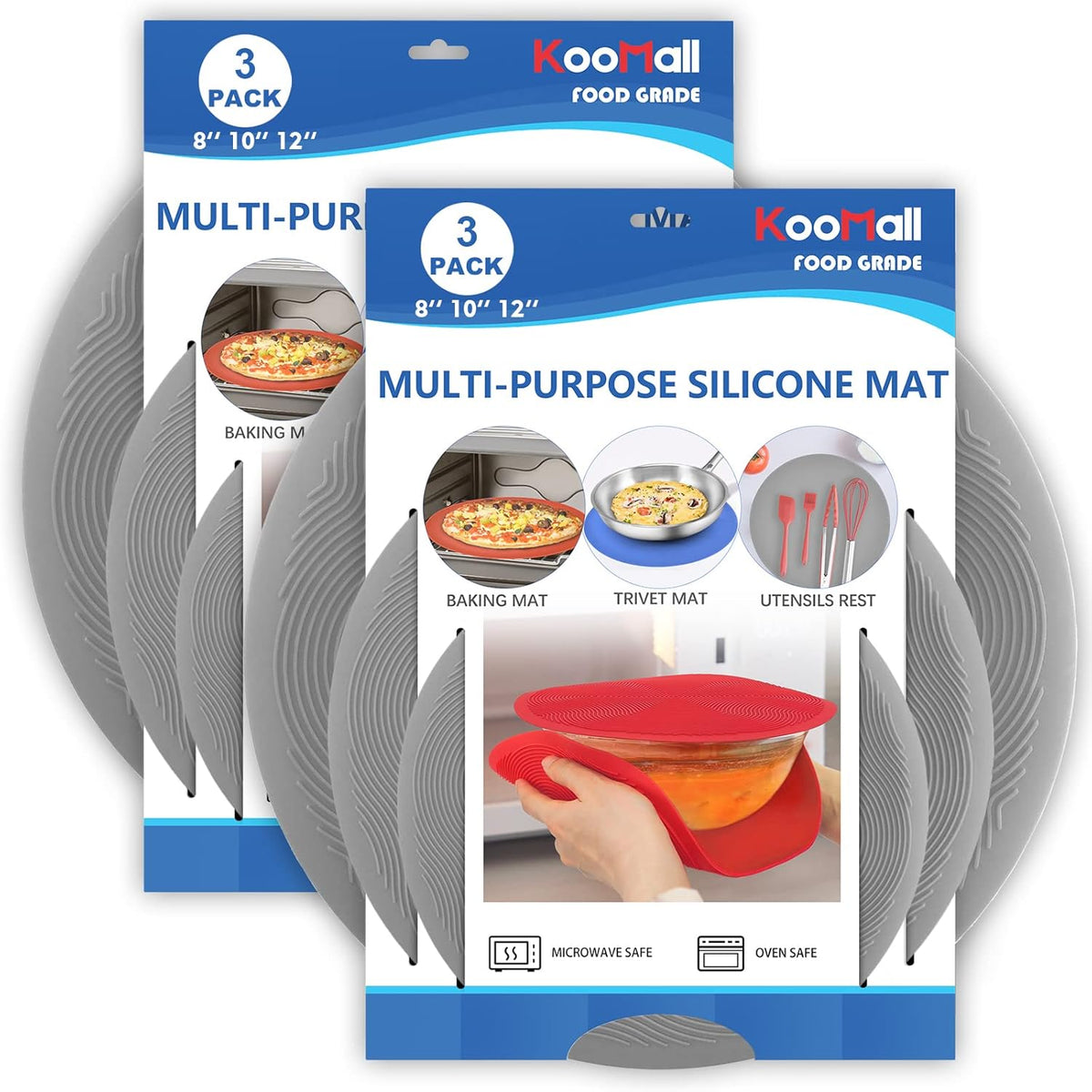 Pack 2,KooMall 12 10 8 Inch Multi-use Microwave Mat, Trivet, Pot Holders, Drying, Baking, Place Mat, Utensils Rest