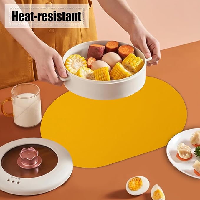 Oval PU Placemats Set of 6,Reversible Faux Leather Placemat for Dining Table,Waterproof Heat Resistant Wipeable Anti Slip Table Mats,Modern Table Protectors(Yellow and Silver)