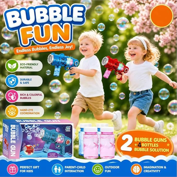 2 Packs Bubble Gun for Kids, 20Hole Automatic Bubble Machine Gun Blaster with LED Light, Leak-Proof Bubble Blower for Toddlers Boys Girls Ages 4-12,Easter Basket Stuffers Party Favor Outdoor Kids Toys
