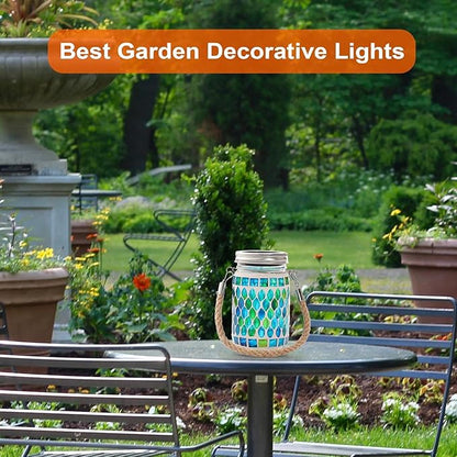 Cooo Mosaic Lanterns Outdoor Waterproof with 215% Larger Solar Panel, Never Rust Lids, True Capacity Battery- Solar Mason Mosaics Jar Lantern for Patio Garden Yard Balcony Hanging or Table (4)