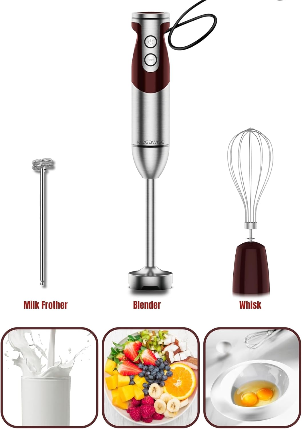 MegaWise Pro Titanium Reinforced 3-in-1 Immersion Corded Hand Blender, Powerful Motor with 80% Sharper Blades, 12-Speed Corded Blender