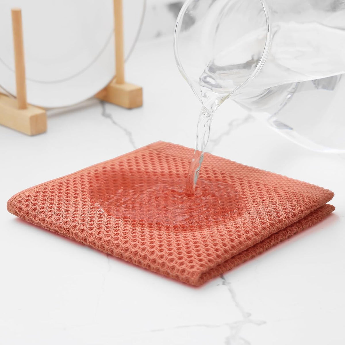 Kitinjoy 100% Cotton Kitchen Dish Cloths, 6 Pack Waffle Weave Ultra Soft Absorbent Dish Towels for Drying Dishes Quick Drying Kitchen Towels Dish Rags, 12 X 12 Inches, Coral
