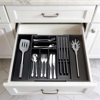 9-Piece Bamboo Kitchen Drawer Organizer Set, Expandable Silverware &Utensil Organizer with Removable Knife Block & Steak Knives, Flatware Organization, Tableware Dividers Storage(Black)