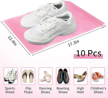 Large Pink Travel Shoe Bags - 10 Pcs, Non-Woven Drawstring with Clear Window (12.6" X 17.3")