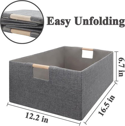 Foldable Fabric Storage Cubes, 2 Packs Cloth Storage Baskets with Wooden Handles, Collapsible Shelf Closet Organizer Bins, Rectangular Storage Boxes for Decor (Gray 2 Pack)