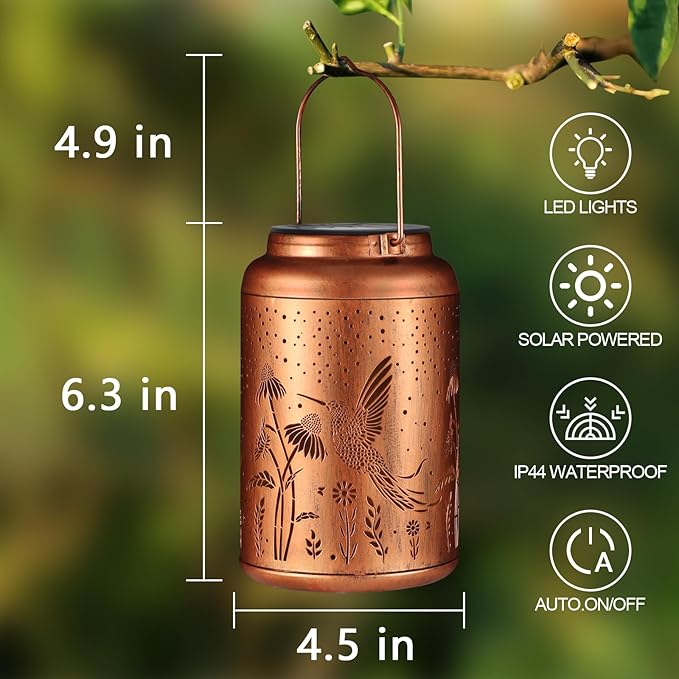 Solar Lanterns Outdoor Waterproof Hummingbird Garden Decor Gifts for Women Mom Grandma Hanging Lights Metal Decoration Outside for Yard, Patio,Backyard,Porch(Long-Tailed Hummingbird)