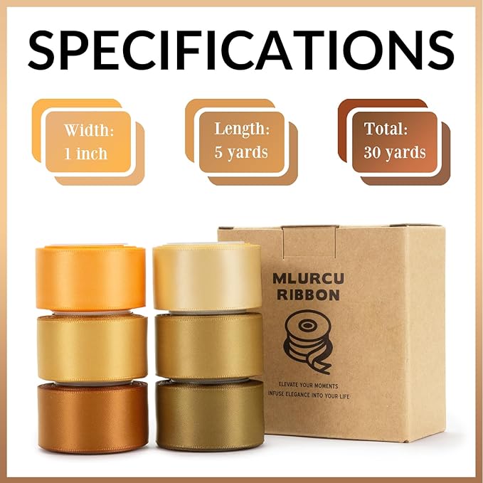 Gold Ribbon 1 Inch Golden Brown, Copper, Champagne, Assorted Double Faced Gold Satin Ribbon for Gift Wrapping, Flower Bouquet, Wedding, Bridal Shower, Christmas, Bows & Crafts - 30Yds