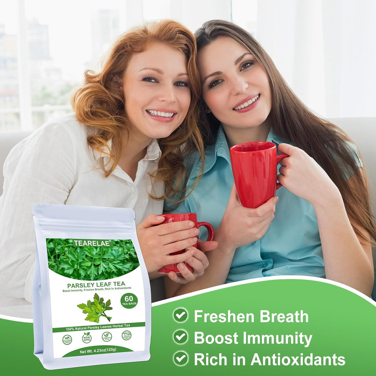 Tearelae - Parsley Tea Bags - 60 Count - 100% Pure Natural Parsley Leaves - Boost Immunity, Freshen Breath - Non-GMO - Caffeine-Free