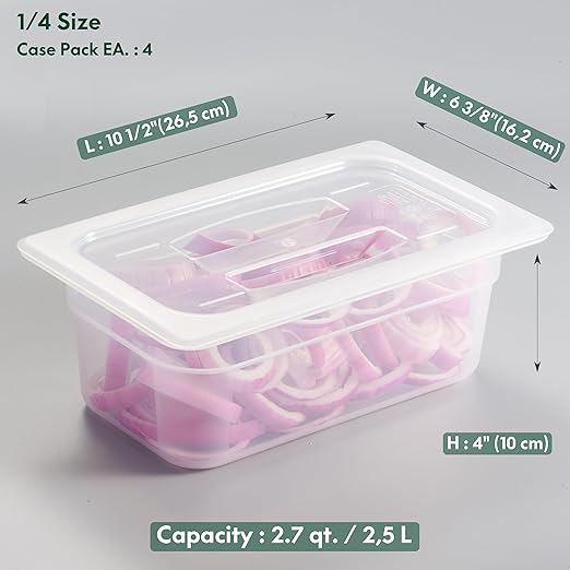 CURTA 4-Pack 1/4 Size 4" Deep Food Pan with Handled Lid – NSF Listed Commercial-Grade Translucent Polypropylene, Stackable Freezer-Safe Storage for Restaurants, Catering & Buffets
