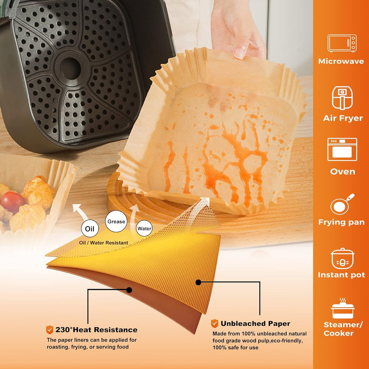 Vailnd 9inch Square Air Fryer Disposable Paper Liners, 125PCS Non-Stick Food Grade Air Fryer Parchment Liner, Oil Resistant, Waterproof, Food Grade Baking Paper for 8-12 QT Air Fryer Microwave