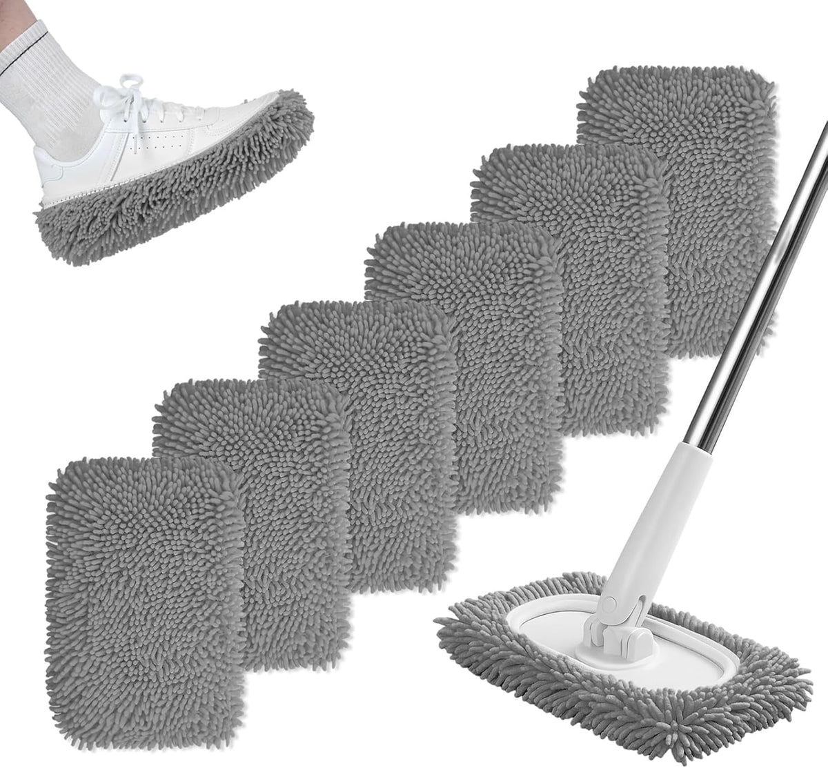 6PCS Reusable Mop Pads Fit for Flat Mops, Chenille Mop Refill Pads Washable Mop Covers, Household Replacement Mop Pads Wet & Dry Sweeping Cloths Mopping Pad Refills for Hardwood Floor Cleaning (Gray)