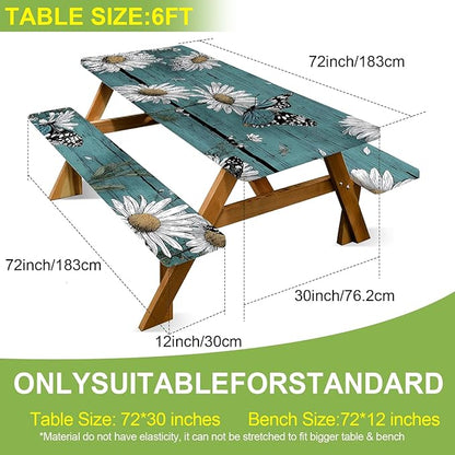 ANNA QUEEN 6FT Blue Daisies Picnic Table Cover with Bench Covers Spring Picnic Table Cover Set 3PCS 72"x30", Waterproof Outdoor Bench and Tablecloth Furniture Protection for Camping Beach BBQ Patio