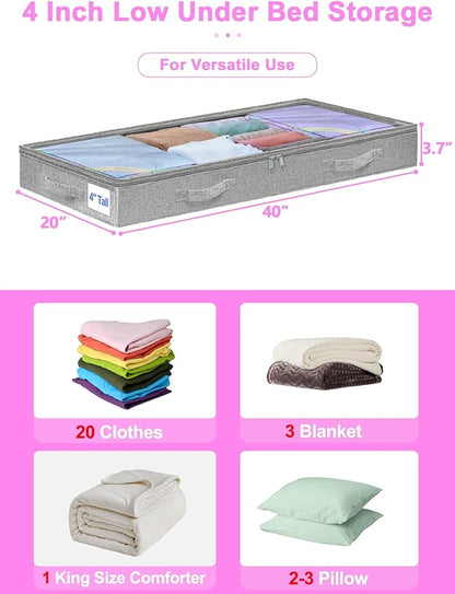 punemi 4 inches Under Bed Storage Containers, Low Profile Underbed Storage, NO STRUCTURE, Soft Foldable Underbed Cloth Storage Bags, Zipper Blanket Storage Container, 2Pack, Grey, 20x40x3.7in