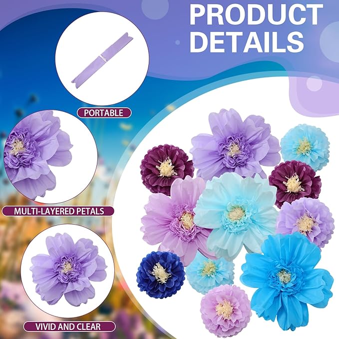 Crowye 12 Pcs Large Colorful Tissue Paper Flowers Decorations Giant Fiesta Craft Crepe Paper Flowers for Wall Decor Backdrop Mexican Wedding Birthday Carnival Party (10'' 20'',Multicolor)