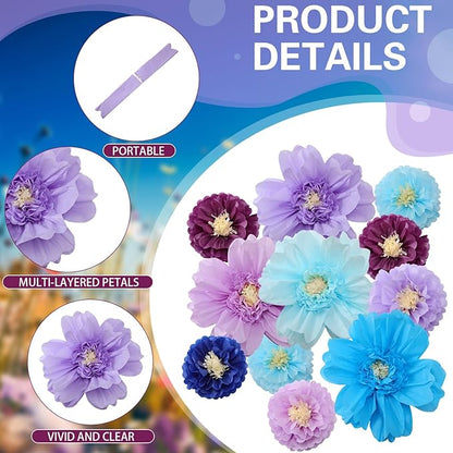Crowye 12 Pcs Large Colorful Tissue Paper Flowers Decorations Giant Fiesta Craft Crepe Paper Flowers for Wall Decor Backdrop Mexican Wedding Birthday Carnival Party (10'' 20'',Multicolor)
