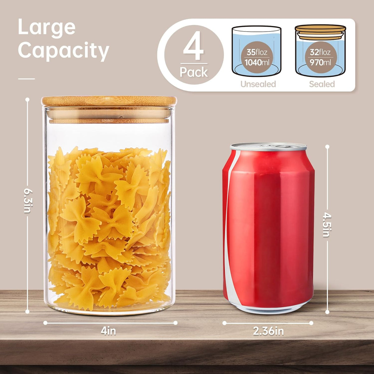 32oz - 4 Pack Glass Jars with Bamboo Lids, Glass Pantry Storage Containers with Airtight Lids, Round Air Tigh Food Storage Canisters for Cereal