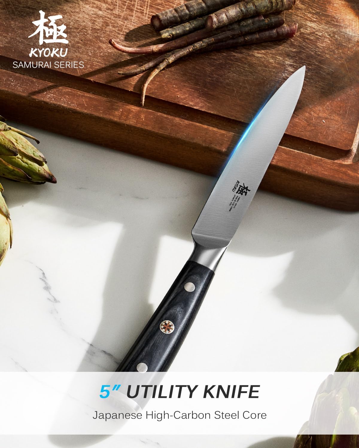 Kyoku 5" Kitchen Utility Knife, Samurai Series Chef Knife with Pakkawood Handle & Mosaic Pin, Japanese High Carbon Steel Knife