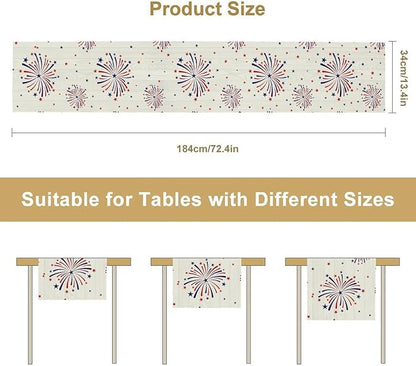 Fireworks Table Runner, 4th of July Patriotic Memorial Day American Independence Day Table Runner for Holiday Kitchen Dining Holiday 13x70in
