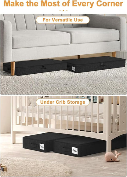 punemi 4.5 Inches Tall Under Bed Storage Containers, Low Profile Underbed Clothes Storage Organizer Bin with Sturdy Side & Bottom, Use as Shallow Dorm Storage Under Bed, Black, 2 Pack