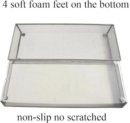 HAHIYO Stackable Mesh Tray Cup 15 x 6 x 2 inches Sturdy Container for Desk Drawer Organizer Collection for Home Office School kitchen Soft Foam Feet No Sharp Edges 1 Pack Silver