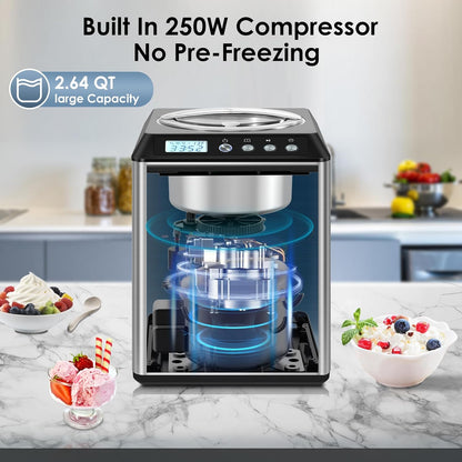 Homtone 2.64QT Ice Cream Maker with Compressor, Largest Capacity Automatic Ice Cream Maker Machine - No Pre Freezing, Gelato Maker with 3 Modes, LCD Digital Display, All Stainless Steel, 2H Keep Cool
