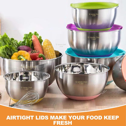 Umite Chef Mixing Bowls with Airtight Lids, 6 Piece Stainless Steel Metal Bowls, Measurement Marks & Colorful Non-Slip Bottoms Size 7, 3.5, 2.5, 2.0