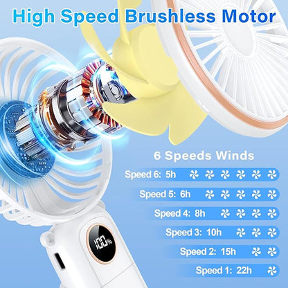 Portable Handheld Fan 5200mAh, USB Rechargeable Foldable Electric Personal Small Mini Hand Held Fan, 22Hrs Runtime, 6 Speeds, LED Display, Battery Powered, Gift for Men, Women, Travel, Outdoor, Makeup