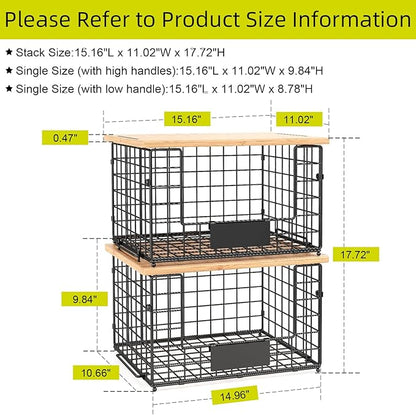 2 Pack Stackable Wire Baskets with Bamboo Top for Pantry Organizers and Storage, XXL Kitchen Organization Counter Basket for Fruit, Vegetable, Produce, Bread, Potato and Onion Storage Bins