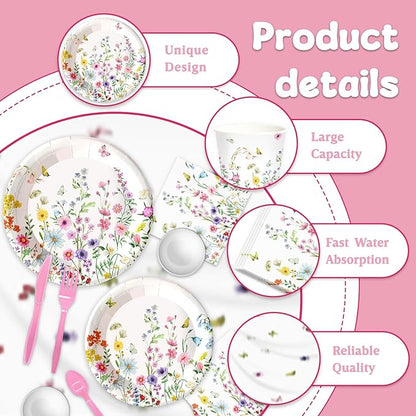 141Pcs Wildflower Party Decorations Garden Floral Themed Birthday Party Supplies with Plates Napkins Cups Knives Forks Straw Tablecloth Set for 20 Guests