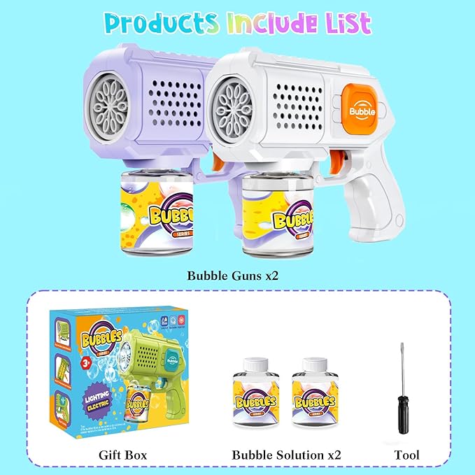 PANACARE 2 Packs Bubble Gun for Kids Automatic bubbele Maker with 10 Holes/Lighting/10000+Bubbles/Min Portable Bubble Machine with Bubble Solution Best Toy Gifts for Birthday/Party/Wedding