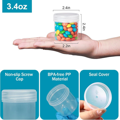 TSA Approved Wide Mouth Travel Size Containers, PP Clear Leak Proof Travel Plastic Jars with Lids for Creams Lotion Cosmetic, Jewelry Beads, Sample, Small Items Storage (3.4 oz, 4 Pcs)