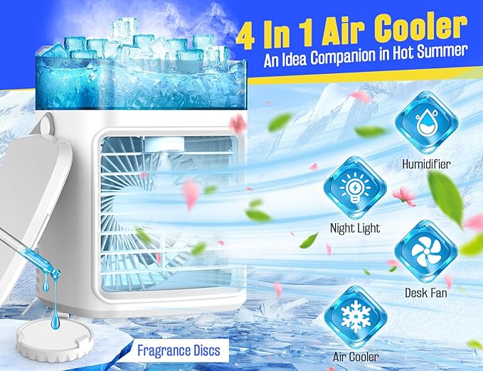 Portable Air Conditioners - Rechargeable Evaporative Air Cooler Humidifier with 3 Speeds, 2/4H Timer & 7 Colors Light Portable AC Unit Personal Mini Air Conditioner Cooling Fan for Bedroom Home Office