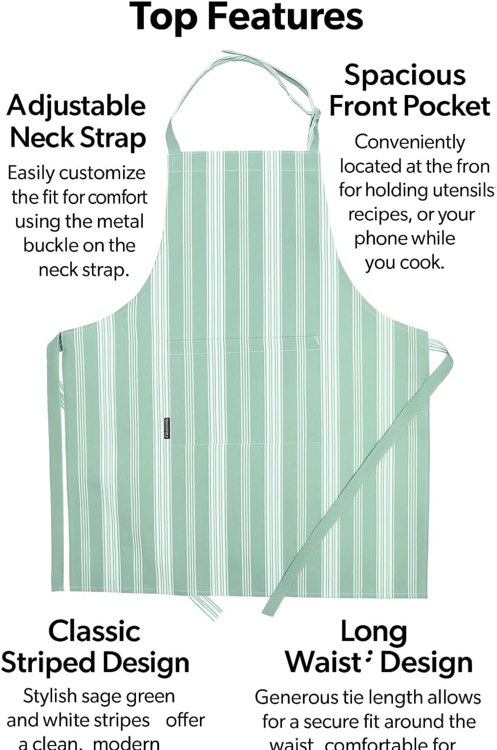 AMOUR INFINI Cotton Striped Aprons for Women with Pockets - Adjustable Strap and Waist Ties Printed Apron for Baking, Cooking, Gardening (27.5 x 33 Inches - Sage Green)