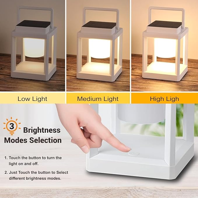 DAKAFUL Outdoor Table Lamp, Led Lamps for Nightstand, Solar Lanterns Outdoor Hanging for Patio Waterproof, Cordless Battery Operated Lamp, Rechargeable Solar Lantern for Reading, Decor, Camping