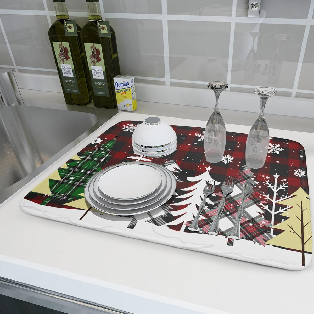 Christmas Dish Drying Mat for Kitchen Counter 16”x18” Christmas Tree Buffalo Plaid Dish Draining Mat Ultra Absorbent Microfiber Pad Holiday Mats Fast