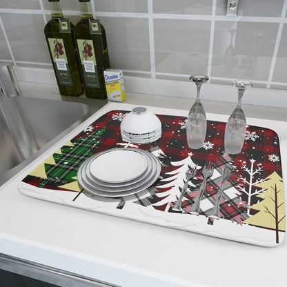 Christmas Dish Drying Mat for Kitchen Counter 16”x18” Christmas Tree Buffalo Plaid Dish Draining Mat Ultra Absorbent Microfiber Pad Holiday Mats Fast