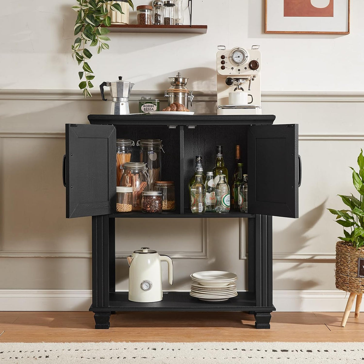 Farmhouse Coffee Bar Station with 2-Door Cabinet, Small Kitchen Cabinet with Open Lower Shelf, Entryway Table with Storage for Dining Room, Kitchen