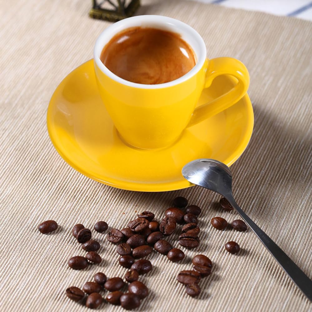Porcelain Espresso Cup with Saucer And Stainless Steel mini Spoons, Espresso shot Cup, 80ml/2.7Oz, Pack of 2, Yellow