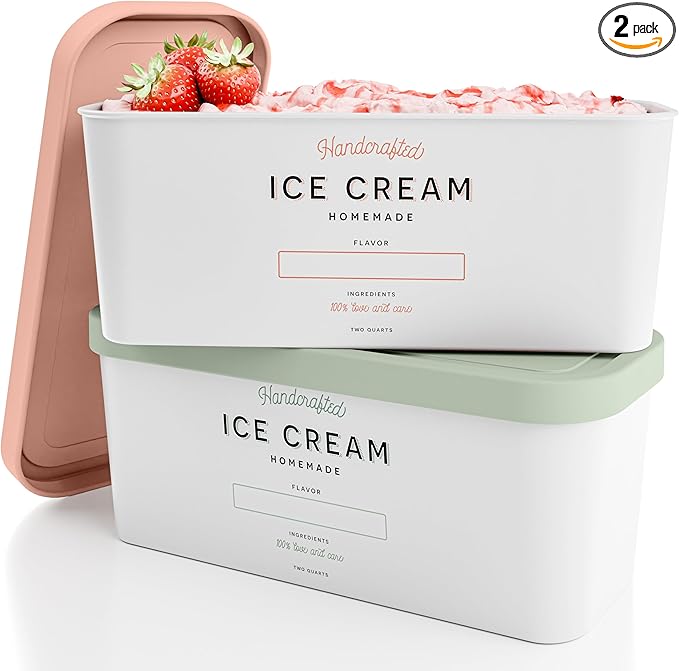 ZICOTO Set of 2 Reusable Ice Cream Tub Containers 2 Quart Each - Perfect for Homemade Sorbet, Frozen Yogurt Or Gelato - Stackable Storage Containers, Stickers And Lids Stores Easily In Freezer
