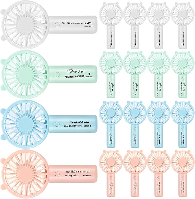 Glooglitter 20 Pcs Church Handheld Fans Bulk Mini Christian Personal Small 3 Speed Battery Operated Portable USB Rechargeable Pocket Eyelash Fan Summer Easter Religious Wedding Gifts(Bible Verses)