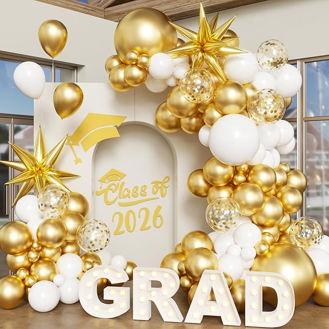 White and Gold Balloon Arch Kit, 130Pcs White and Gold Graduation Decorations with Gold Foil Star Confetti Balloons for College High School Graduation Decorations Class of 2026