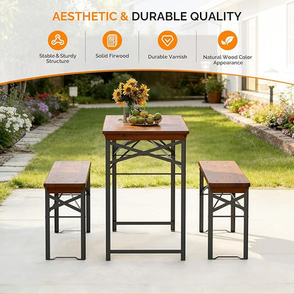 VINGLI 45 Inch Folding Picnic Tables with Benches Set, Weather-Resistant Wooden Beer Garden Table Bench, 3-Piece Portable Fold Up Camping BBQ Table,Walnut Color