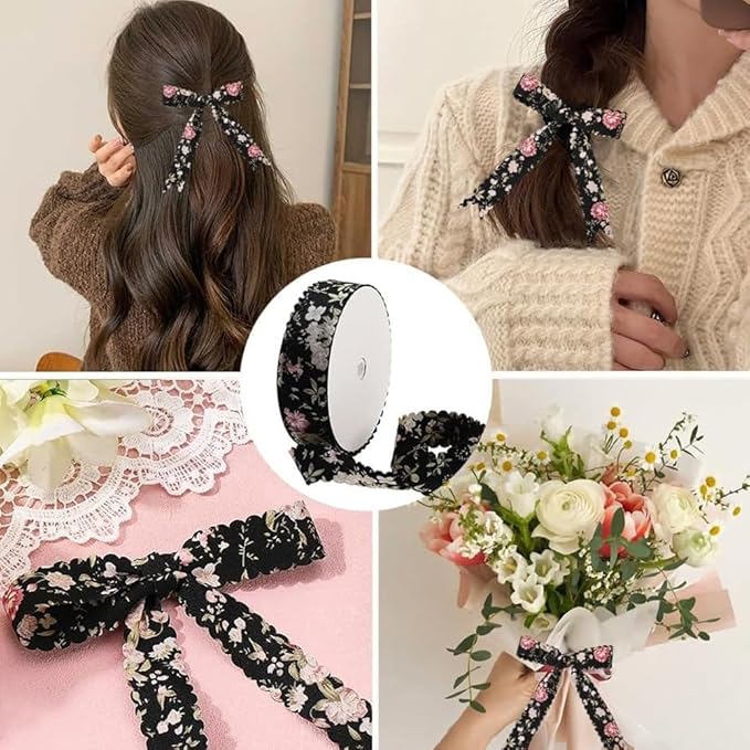 10 Yards 1.5 Inch Spring Summer Flower Floral Printed Ribbons Bloom Black Wavy Edge Trim Scalloped Print Chiffon Trims Polyester Fabric Grosgrain Ribbon for Sewing Making Crafts DIY Wedding