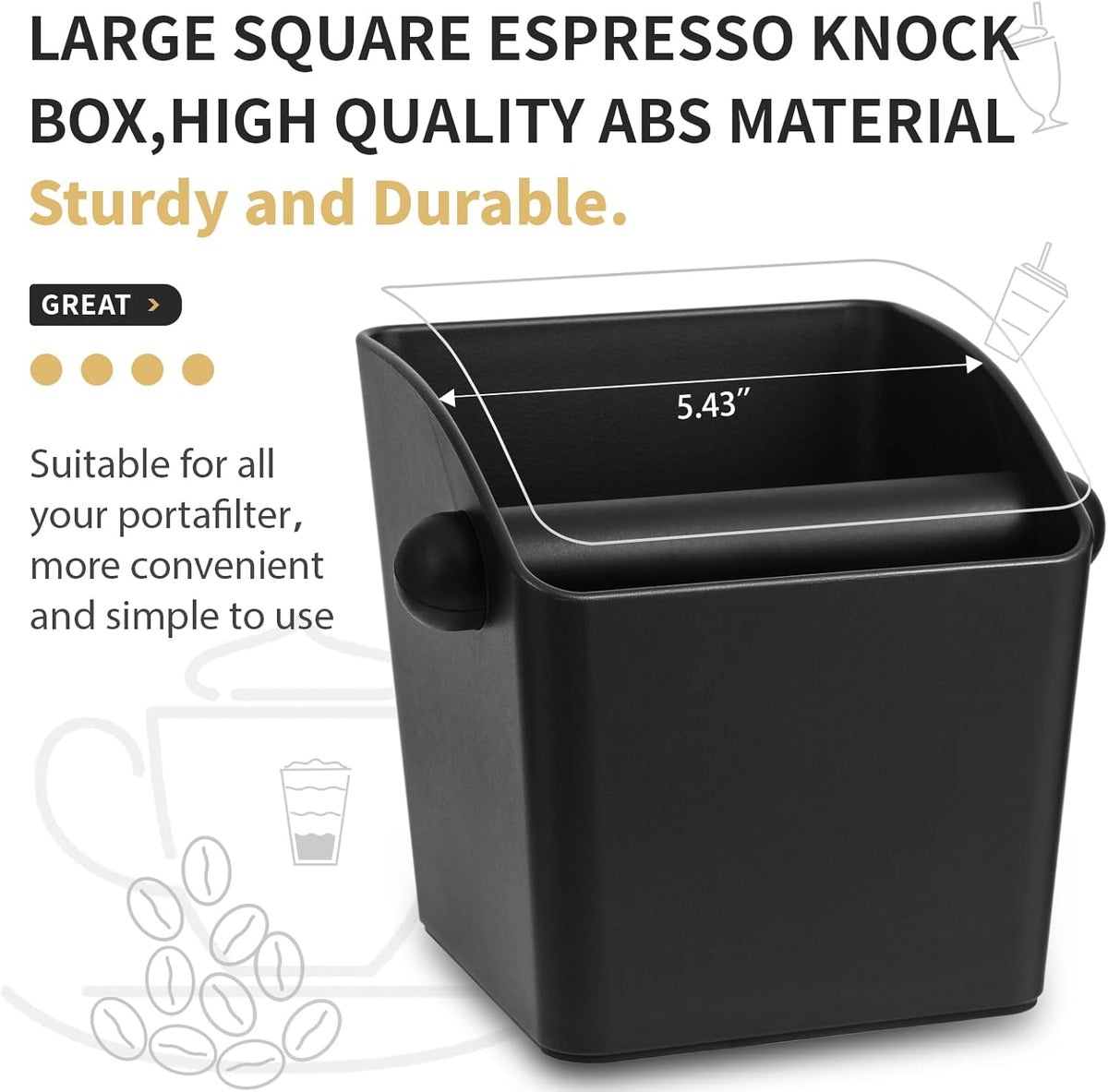 Large Square Knock Box Shock-absorbent Knock Box Espresso with Removable Knock Bar and Non-Slip Base Espresso Accessories for Home/Office (Large