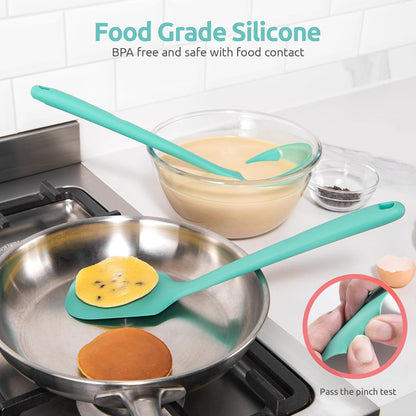 600ºF Heat Resistant Kitchen Utensil: U-Taste 13.6" Extra Long Silicone Cooking Tools Set, Food-Grade Non-Stick Solid and Slotted Turner Spatula, Mixing Spoon, and Soup Ladle (5 Pieces, Aqua Sky)