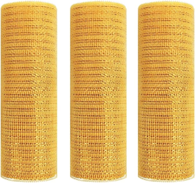 3 Rolls Gold Deco Mesh Ribbon for Wreath Making Supplies, 10 Inch x 30FT Metallic Foil Burlap Deco Mesh Fabric for DIY Crafts Christmas Tree Thanksgiving New Year Wreath Swags and Decorating