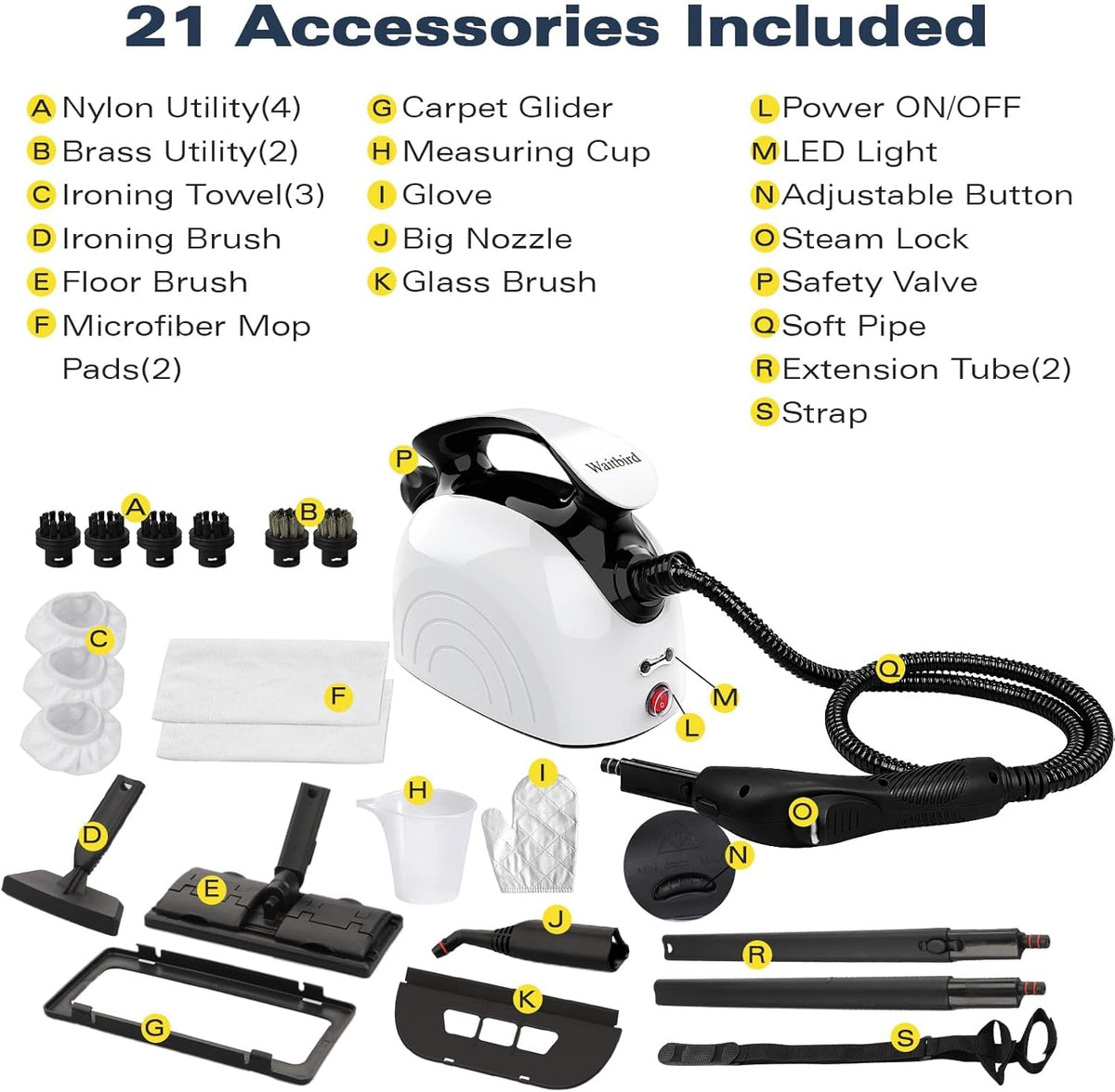 Steam Cleaner, Handheld Steamer with 21 Accessories, 248°F High-Temperature Steam for Floors, Grout, Tiles, Carpet, Cars - Portable 1.08L Tank, Child Lock, Chemical-Free Cleaning