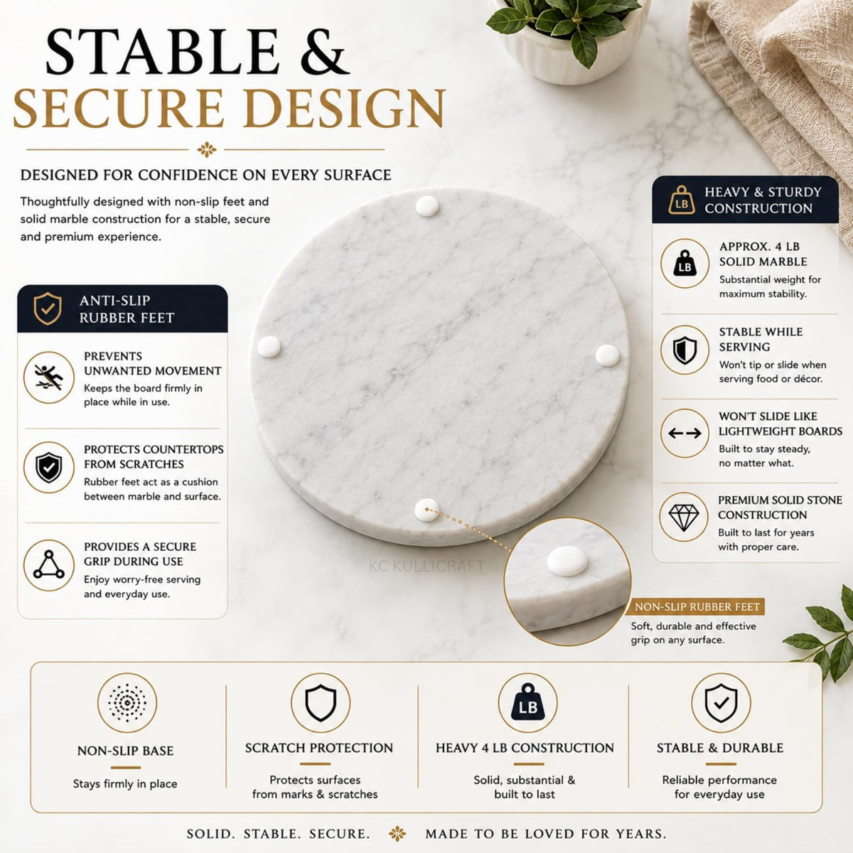 11-Inch Round Marble Cheese Cutting Board, White | Solid Natural Stone, Cutting Board &amp; Charcuterie Serving Tray, Non-Slip Feet, 0.5" Thick, Easy to Clean