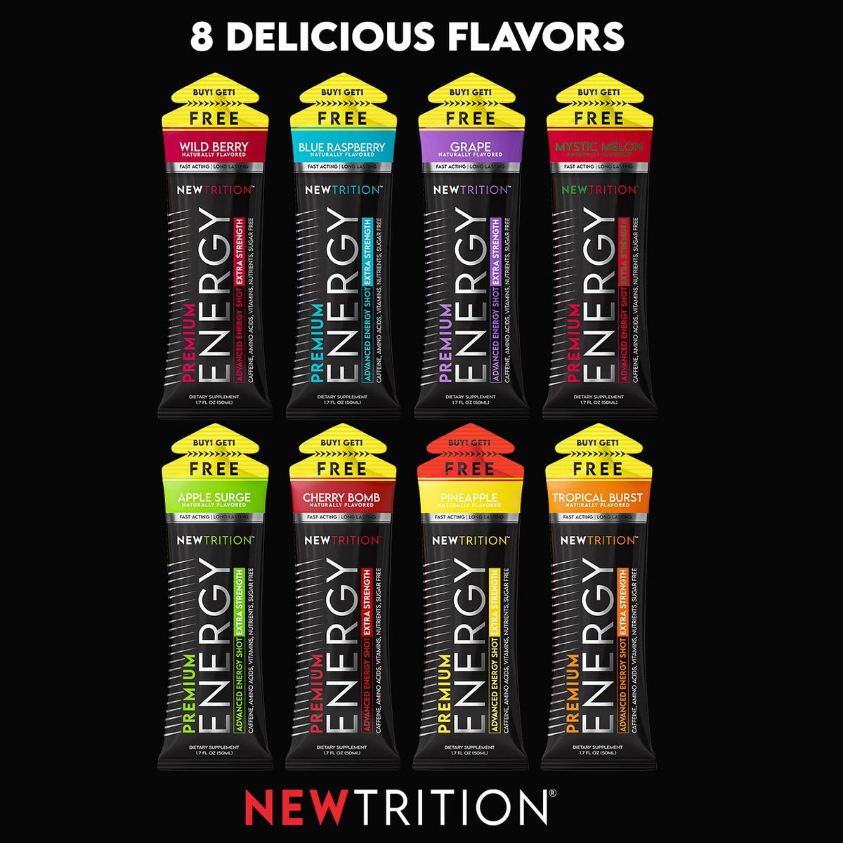 NewTrition® Extra Strength Energy Shots, 250mg Caffeine Energy Shots with Vitamin B & Amino Acids, Sugar-Free Vitamin Energy Shot, 1.7 fl oz (Pack of 6, Wild Berry)
