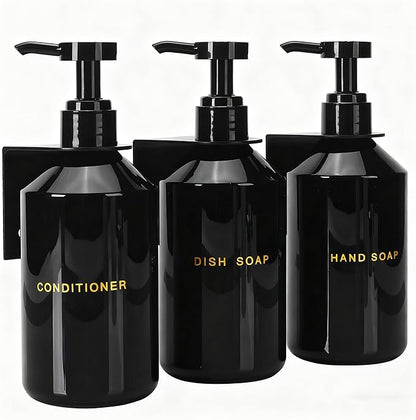 Wall Mounted Shampoo Dispenser for Shower, 3 Chamber 16.9 fl oz Each, 4CC Pump Soap Dispenser for Bathroom, Glossy Black Shampoo and Conditioner Dispenser with Crystal Labels (Black)